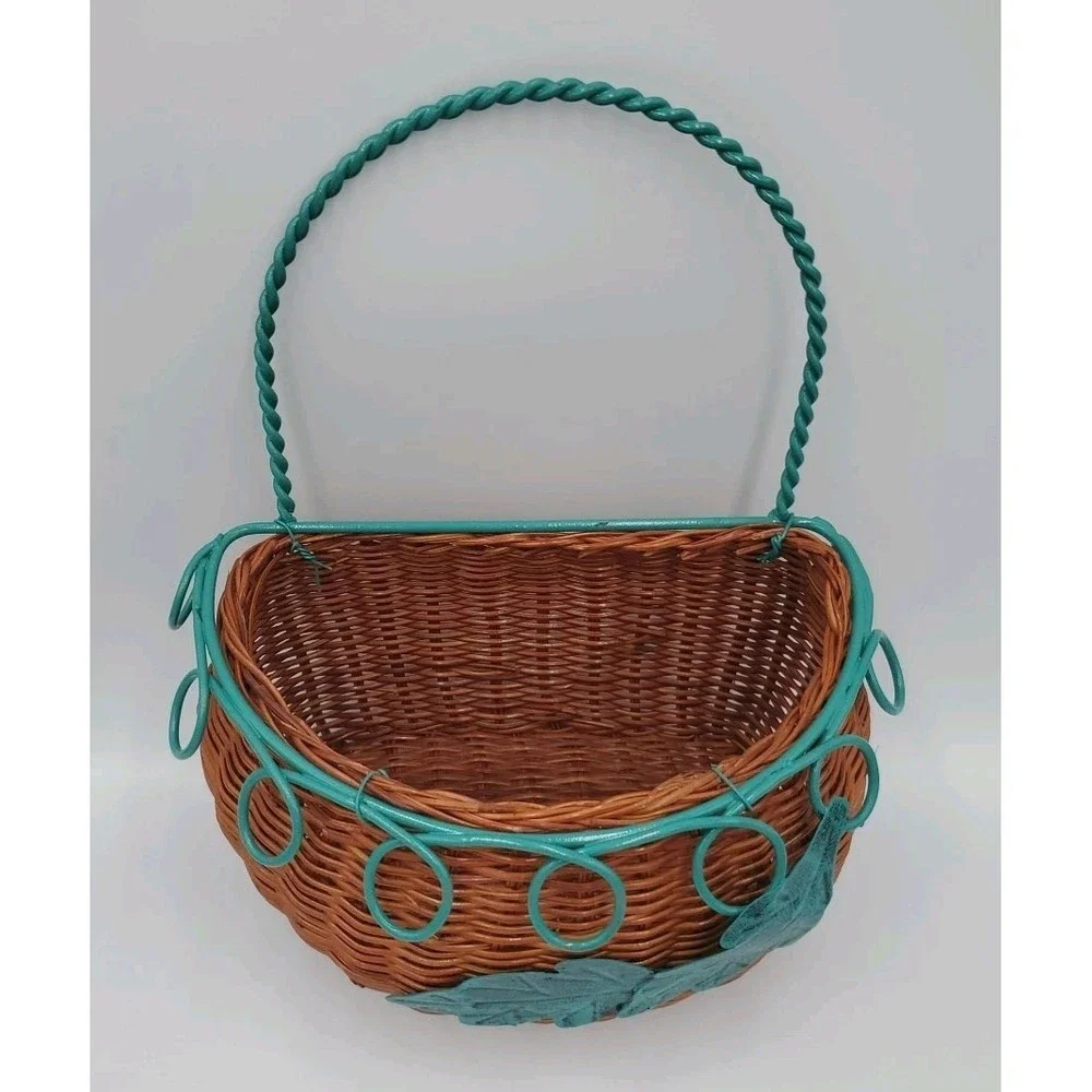 Decorative Hanging Wicker Basket with Green Metal Wire Cottagecore